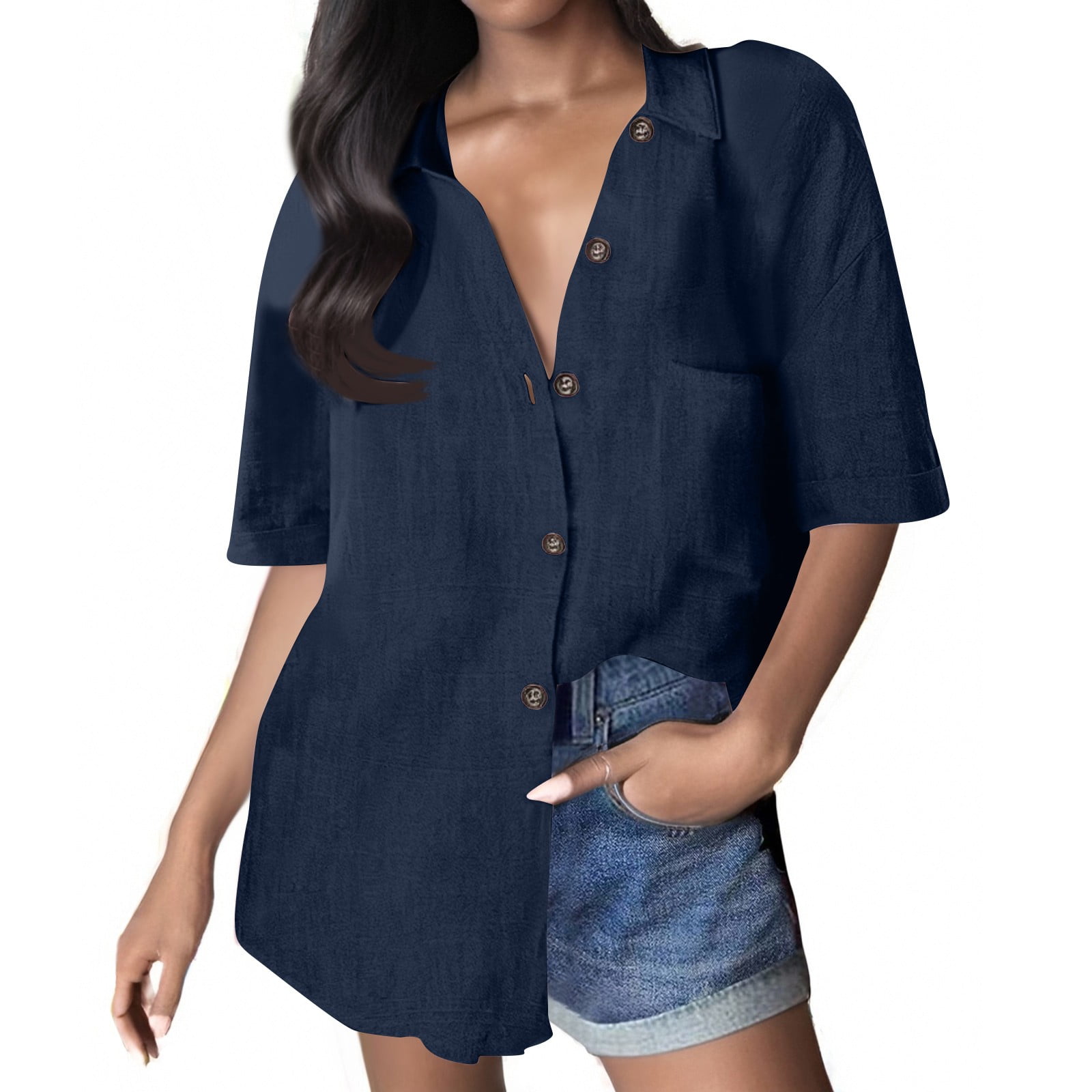 GXIPO Button Down Shirt Women Cotton Short Sleeve Blouses V Neck ...