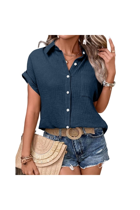 GXIPO Button Down Shirt Women Cotton Short Sleeve Blouses V Neck Collared Button Up Summer Beach Tops Navy S