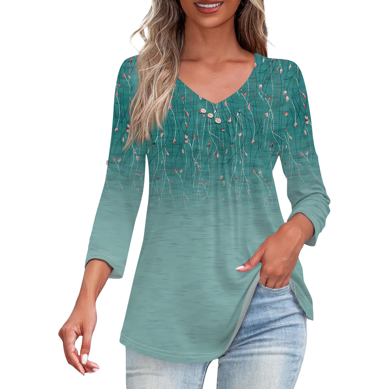 GXIPO Button V Neck Womens 3/4 Sleeve Tops Ruched Work Blouses Tunic