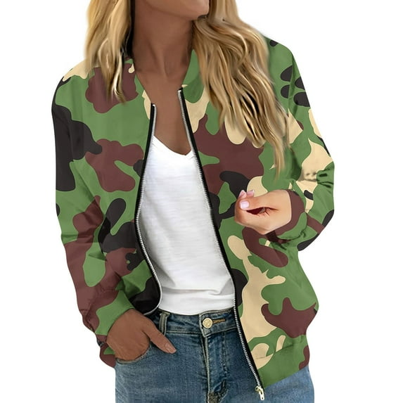 GXIPO Camo Jacket Women Trendy Bomber Jackets Lightweight Thin Pocket Top Zip up Casual Jacket Army Green S