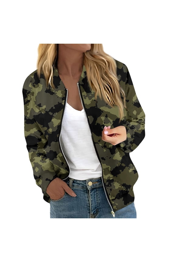 Camo Jacket Women Trendy Bomber Jackets Lightweight Thin Pocket Top Zip up Casual Jacket Dark Green 2XL