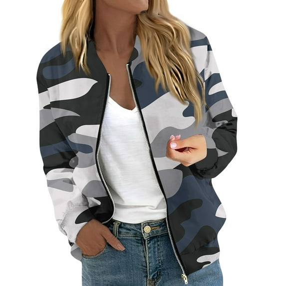 GXIPO Camo Jacket Women Trendy Bomber Jackets Lightweight Thin Pocket Top Zip up Casual Jacket White 2XL