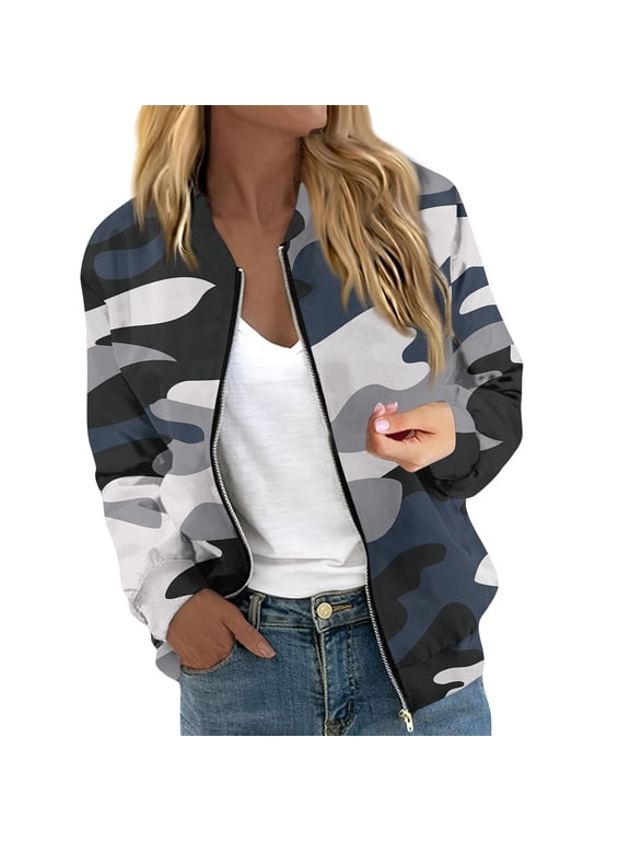 Camo Jacket Women Trendy Bomber Jackets Lightweight Thin Pocket Top Zip up Casual Jacket White M