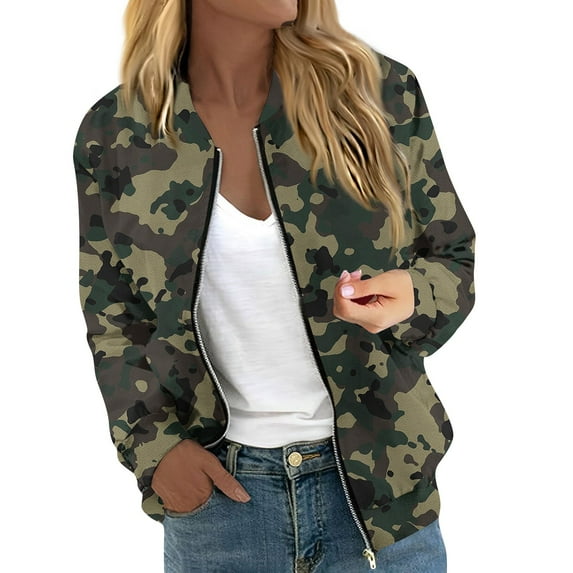 GXIPO Camo Jacket for Women, Women's Winter Bomber Jacket Long Sleeve Stand Collar Zipper Outwear with Pockets Army Green M