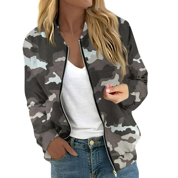 GXIPO Camo Jacket for Women, Women's Winter Bomber Jacket Long Sleeve Stand Collar Zipper Outwear with Pockets Black XL