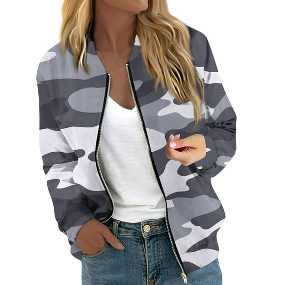 GXIPO Camo Jacket for Women, Women's Winter Bomber Jacket Long Sleeve Stand Collar Zipper Outwear with Pockets Dark Gray 2XL