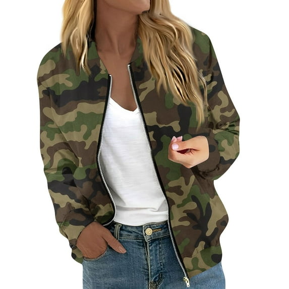 GXIPO Camo Jacket for Women, Women's Winter Bomber Jacket Long Sleeve Stand Collar Zipper Outwear with Pockets Green M