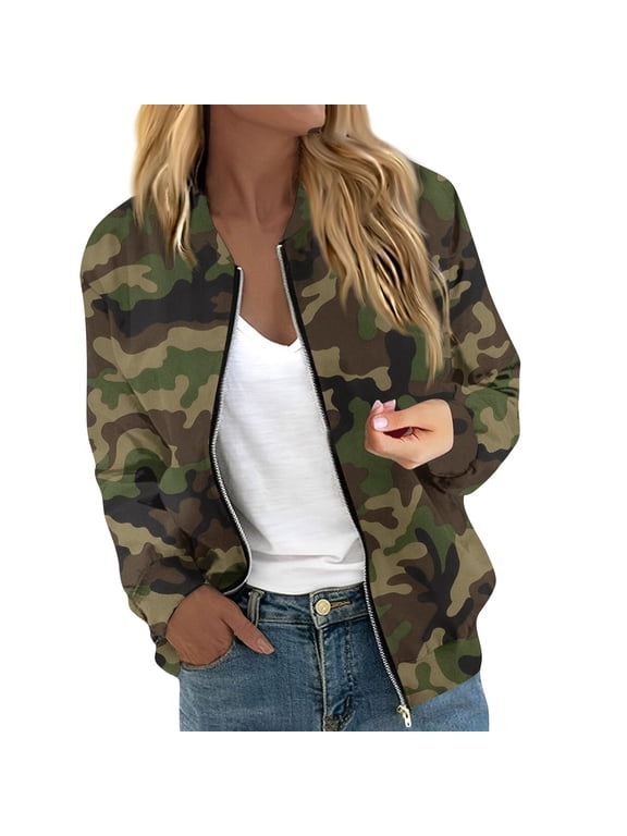 Camo Jacket for Women, Women's Winter Bomber Jacket Long Sleeve Stand Collar Zipper Outwear with Pockets Green XL