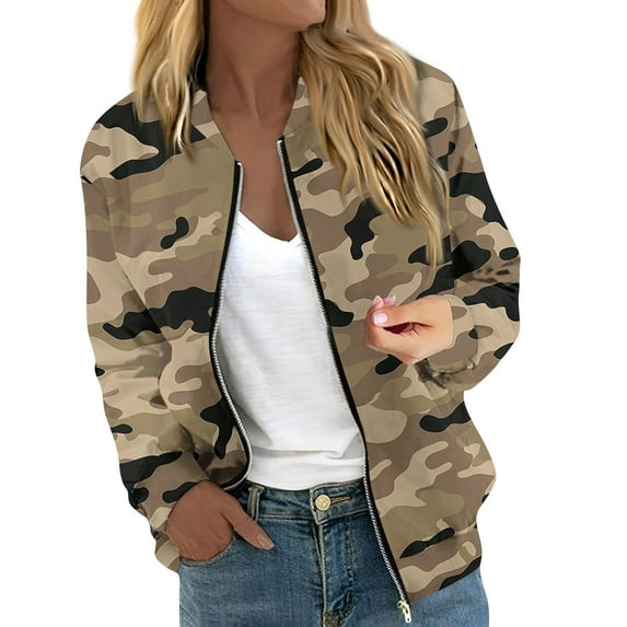 GXIPO Camo Jacket for Women, Women's Winter Bomber Jacket Long Sleeve Stand Collar Zipper Outwear with Pockets Khaki M