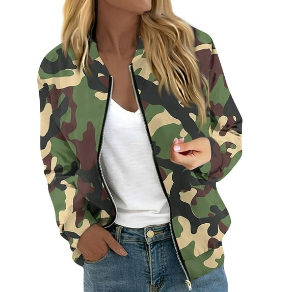 GXIPO Camo Jacket for Women, Women's Winter Bomber Jacket Long Sleeve Stand Collar Zipper Outwear with Pockets Mint Green XL