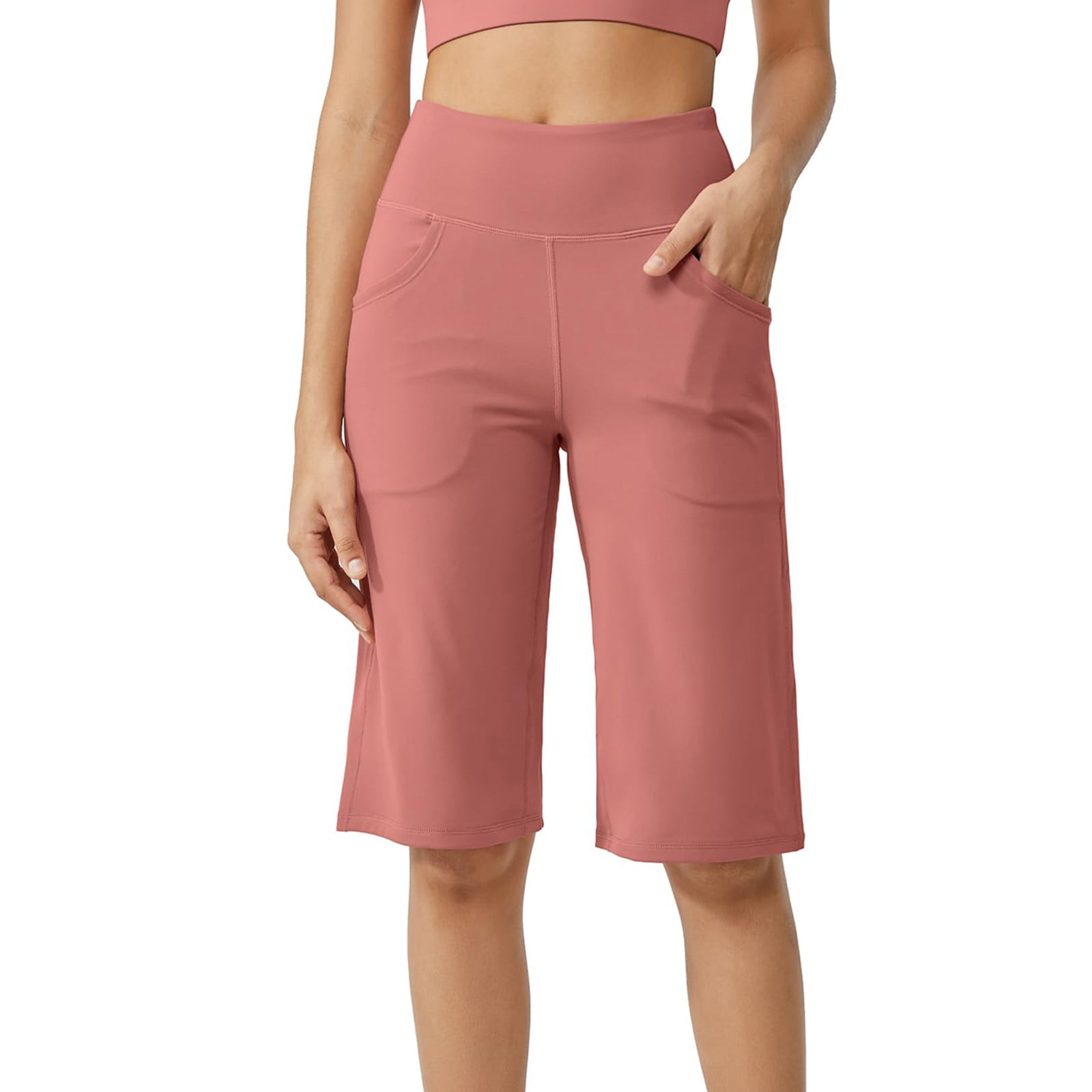 GXIPO Capri Pants for Women 12" Knee Length Wide Leg Yoga Capris Dressy Casual Summer Crop Pants with Pockets Rose Gold L