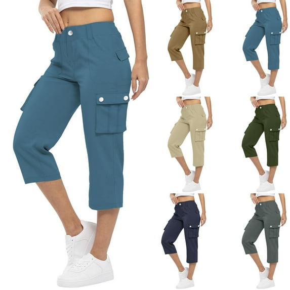 GXIPO Cargo Capri Pants for Women High Waisted Relaxed Fit Elastic Knit Waist Casual Capris Trousers Cropped Pants Beige L