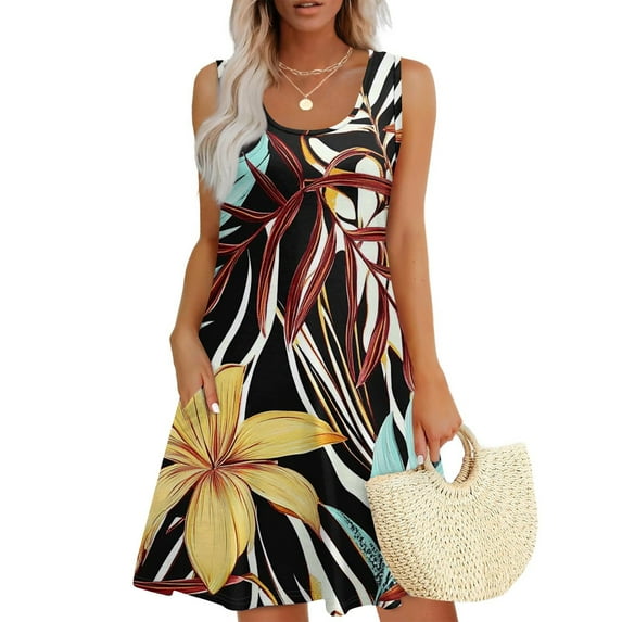 GXIPO Casual Boho Spring Dresses for Women 2025 Sun Dresses for Women 2025 Vacation Sleeveless A Line U Neck Tank Dress Sundresses Hawaiian with Pockets Red L
