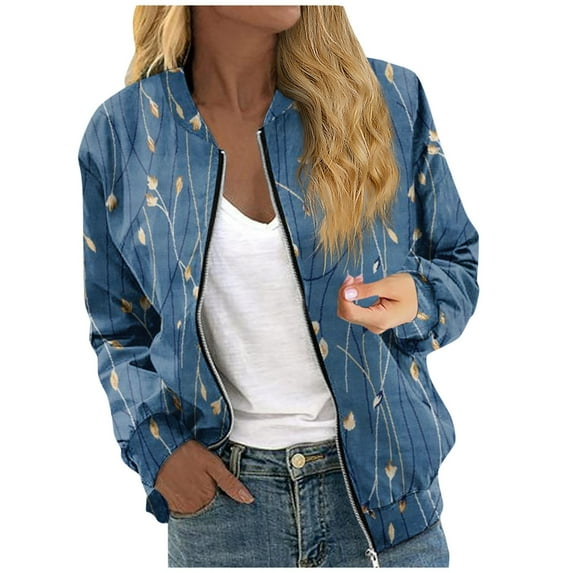 GXIPO Casual Jackets for Women Zip Up Cropped Bomber Jackets Windbreaker Fall Dressy Causal Blue XL