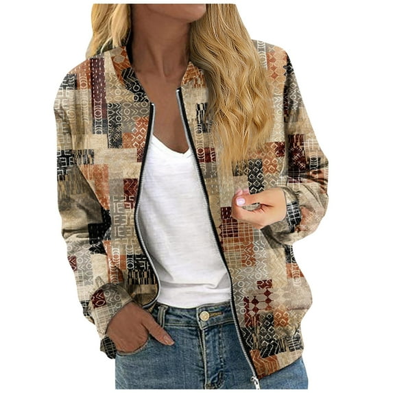 GXIPO Casual Jackets for Women Zip Up Cropped Bomber Jackets Windbreaker Fall Dressy Causal Khaki M