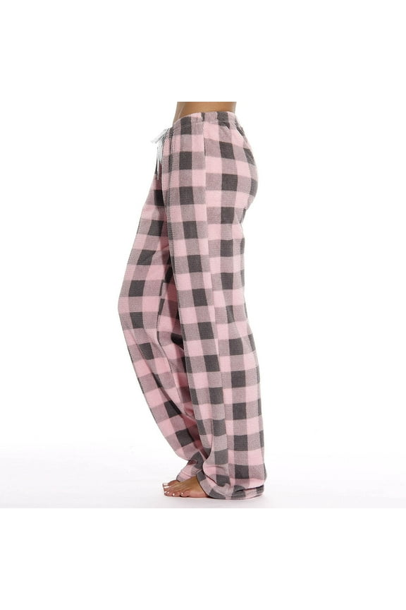 Comfy Fuzzy Pajama Pants Women Fleece Buffalo Plaid Flannel Plush Drawstring Pajama Bottoms Homey Fluffy Pj Pants Pink L