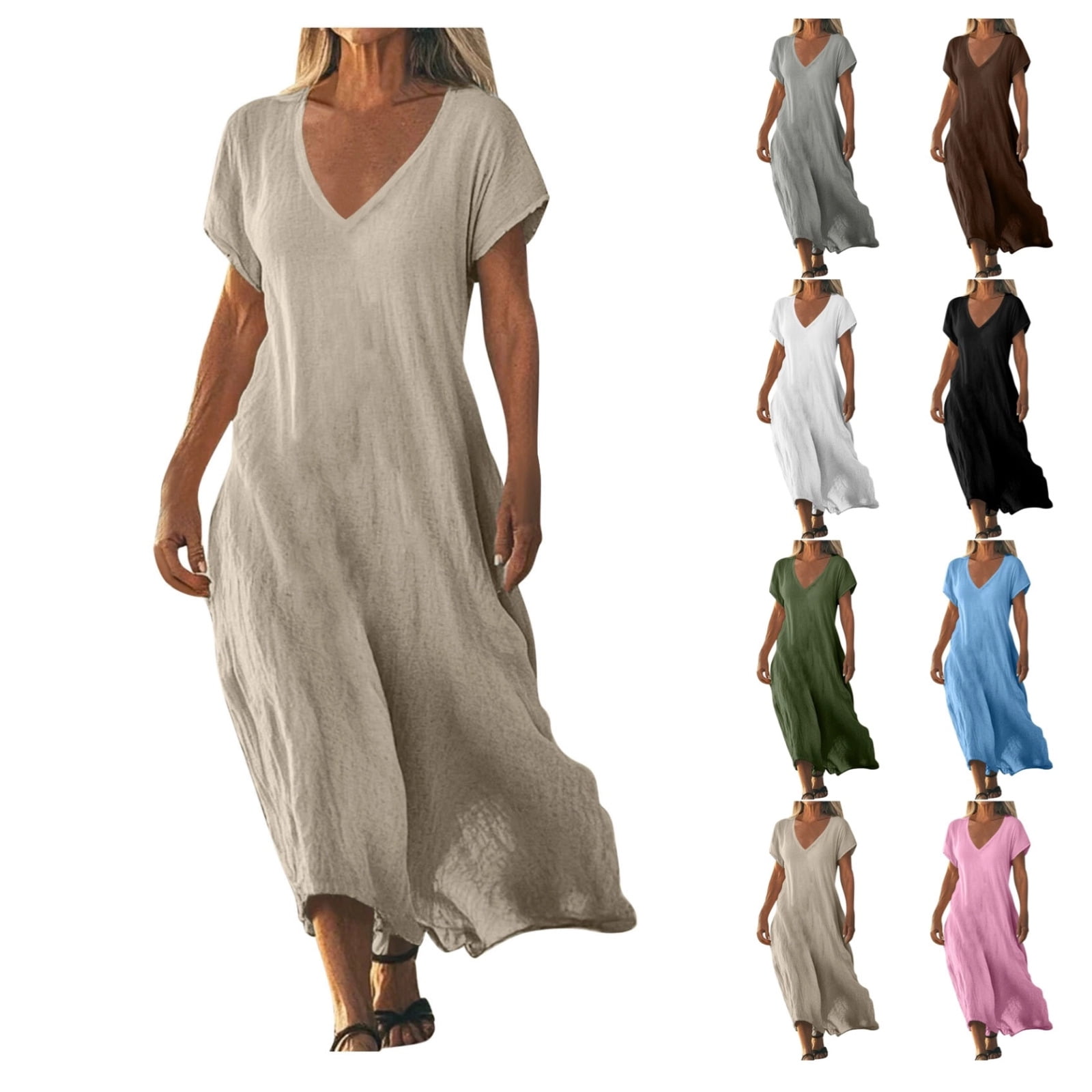 GXIPO Cotton Maxi Dress Linen Casual Dresses for Women Flowy V Neck ...