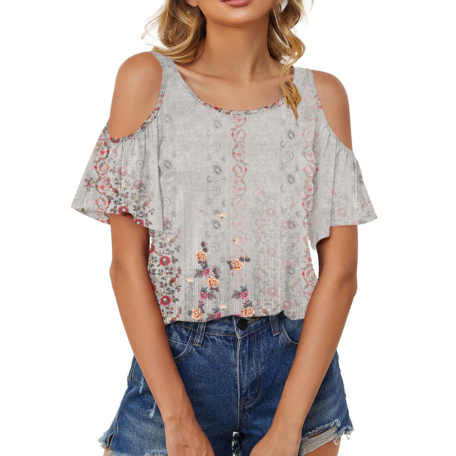 GXIPO Cut Out Cold Shoulder Tops for Women Floral Tops for Women