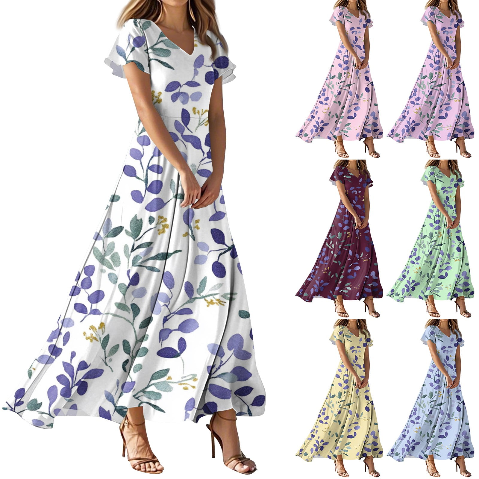 Keepholdon Maxi Kleid - V-Ausschiff Chiffon Sommerkleid Damen