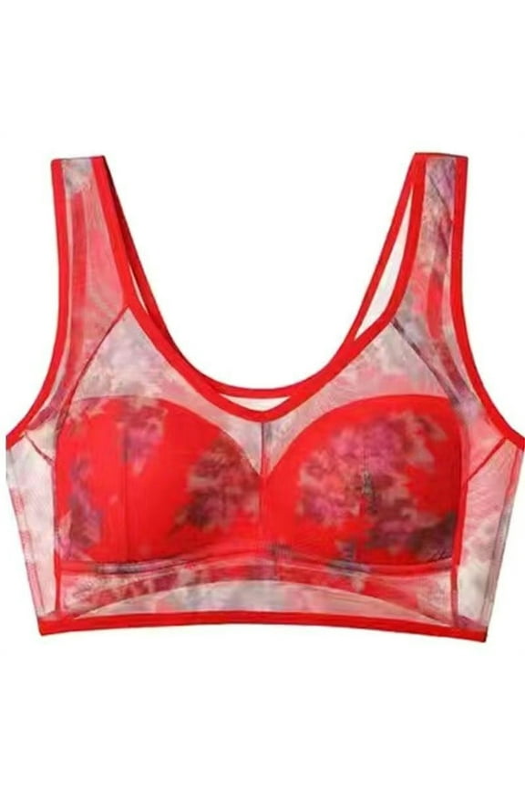 Elle Bloom Bra, Elle Bloom Ice Silk Lace Bra, Foxy Seniors Lacy Bra, Wireless Plus Size Seniors Bras Red 5X-Large