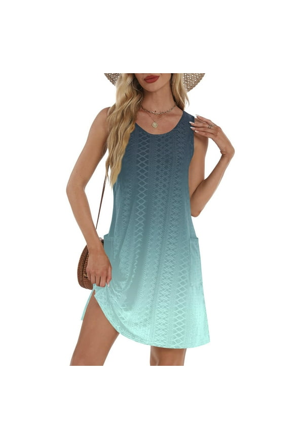 Eyelet Swim Dress for Women Swimwear Casual Loose Sundress Sleeveless Bikini Beach Cover Up Summer Dress Tank Swimsuit Coverup with Pockets Mint Green 2XL