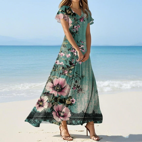 GXIPO Floral Maxi Dresses for Women 2025 Summer Elegant Flutter Sleeve Long Flowy Dresses Trendy V Neck Garden Party Dress Dark Green 2XL
