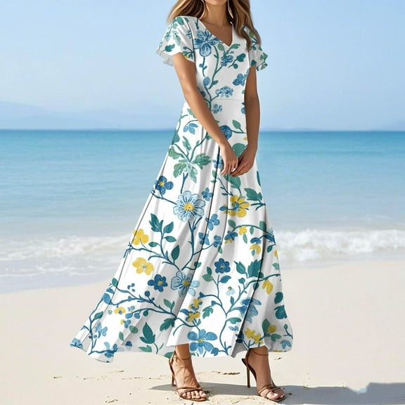 GXIPO Floral Maxi Dresses for Women 2025 Summer Elegant Flutter Sleeve Long Flowy Dresses Trendy V Neck Garden Party Dress Sky Blue XL