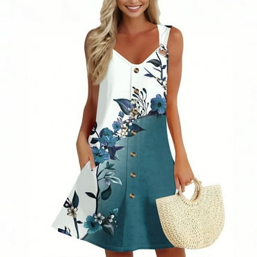 GXIPO Floral Spring Dresses for Women 2025 Beach Vacation Boho Sleeveless Sundress A Line O-Ring Shoulder Button Mini Dress Resort Wear Army Green 3XL
