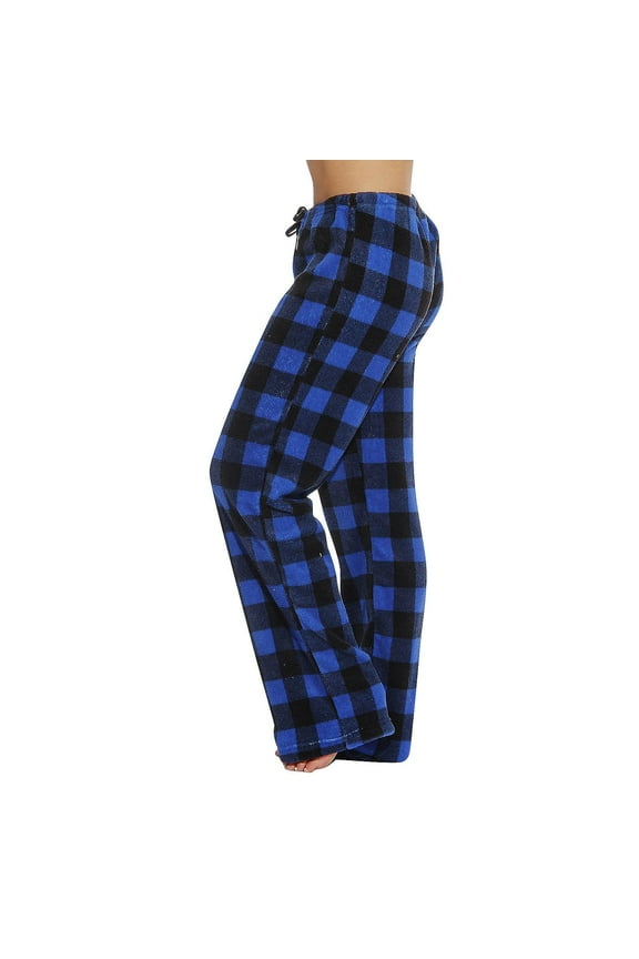 Fuzzy Pajama Pants Women Warm Fleece Buffalo Plaid Flannel Plush Drawstring Pajama Bottoms Homey Fluffy Pj Pants Blue S