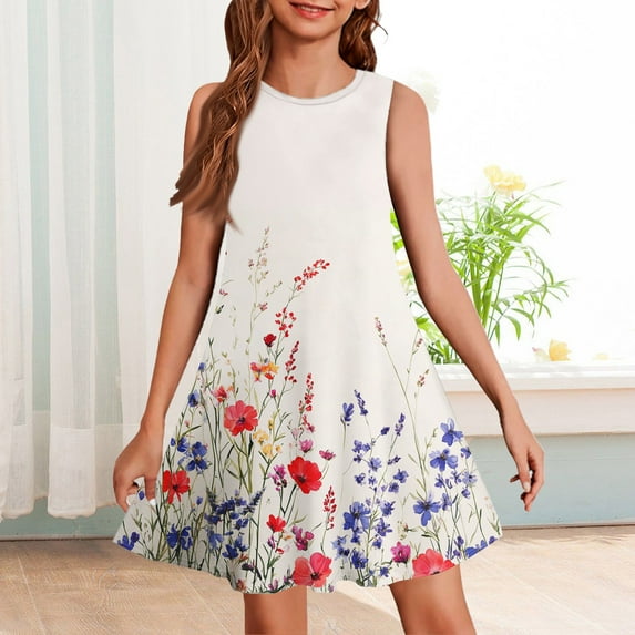 GXIPO Girls Sleeveless A-Line Floral Casual Holiday Dress Little Girl Dresses Girls Preppy Clothes for 3-14 Spring Outfits White 10-12 Years