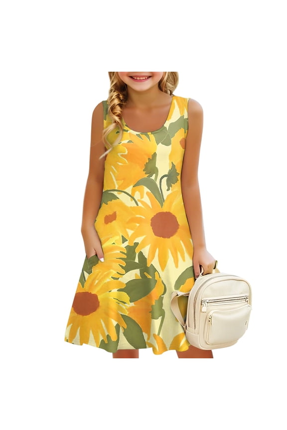Girls Sleeveless A-Line Sunflower Casual Holiday Dress Little Girl Dresses Girls Preppy Clothes for 3-14 Spring Outfits Watermelon Red 6-8 Years