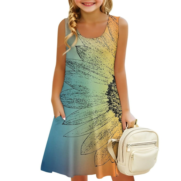 Gxipo Girls Sleeveless A-Line Sunflower Casual Holiday Dress Little Girl Dresses Girls Preppy Clothes for 3-14 Spring Outfits Pink 8-10 Years, Girl's