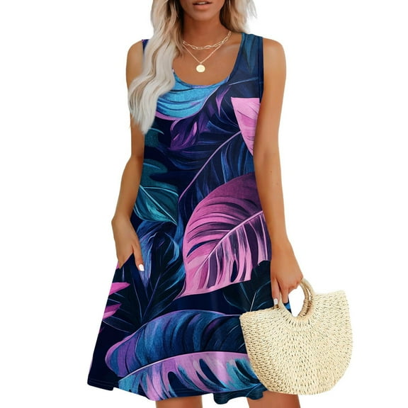 GXIPO Hawaiian Ladies Summer Dresses Sleeveless Sundress U Neck Beach Vacation Dresses A Line Knee Length Dress Boho with Pockets Dark Blue M
