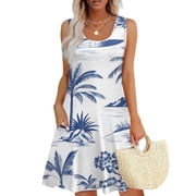 GXIPO Hawaiian Womens Summer Dresses U Neck Tank Dress Sun Dresses for Women 2025 Vacation Sundress Swing Flowy Casual Boho Sleeveless with Pockets White 2XL