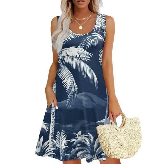 GXIPO Hawaiian Womens Summer Dresses Vacation Dress Sleeveless Tunic U Neck Knee Length Dress Plus Size Sundresses Casual Boho with Pockets Navy L