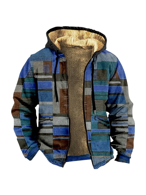Heavy Thick Flannel Plaid Jacket Sherpa Fleece Lined Hoodies for Men Zip Up Winter Warm Coat Buffalo Zipper Sweatshirt Blue XL