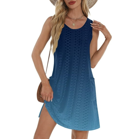 GXIPO Hollow Out Swim Dress for Women Swimwear Casual Summer Dresses for Women Sleeveless Casual Boho Bikini Beach Cover Up Bathing Suit Cover Up Tank Sundress with Pockets Dark Blue XL