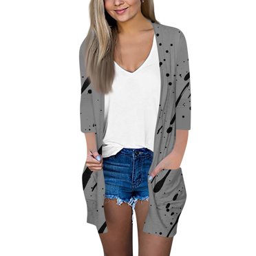 GXIPO Lightweight Cardigans for Women 3/4 Sleeve Soft Open Front Cardigans with Pockets Floral Gray S