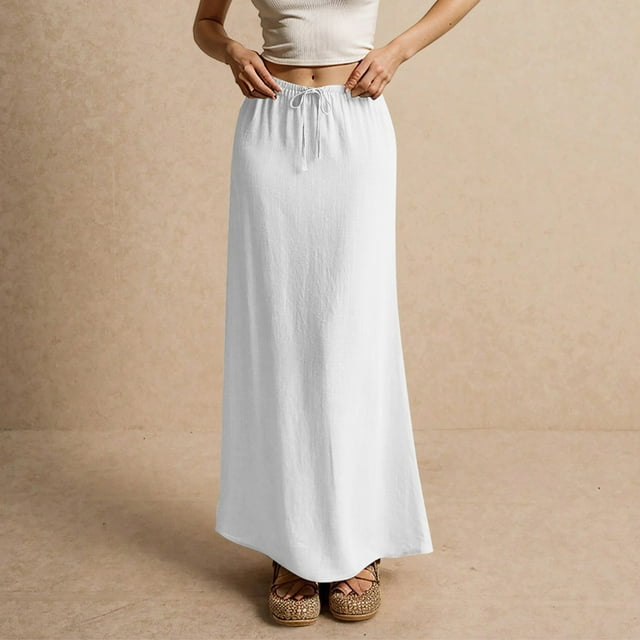 GXIPO Linen Flared Maxi Skirt with Elastic Waist Drawstring Long Flowy Ankle-Length Skirt White L