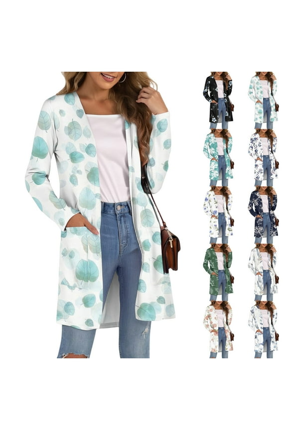 Long Sleeves Lightweight Thin Cardigan Sweaters for Women with Pockets Casual Loose Dusters Floral Blue M