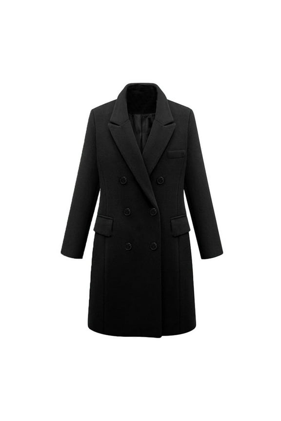 Long Wool Coats for Women Plus Size Casual Formal Work Winter Coat Single Breasted Notch Collar Trench Coat Outerwear Black 3XL