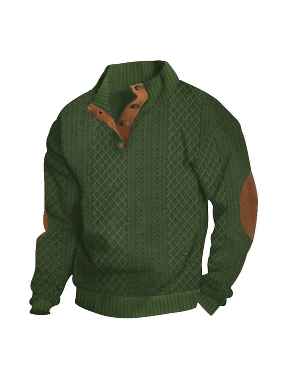 Mens Fashion Stand Up Collar Cable Knitted Dress Sweater Pullover with Elbow Patch Army Green 3XL