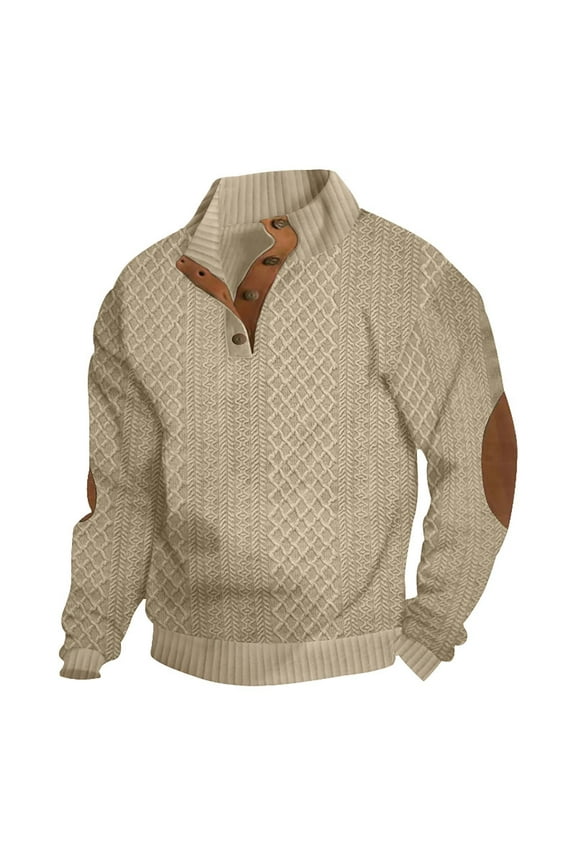 Mens Fashion Stand Up Collar Cable Knitted Dress Sweater Pullover with Elbow Patch Khaki L