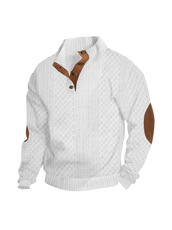 Mens Fashion Stand Up Collar Cable Knitted Dress Sweater Pullover with Elbow Patch White S