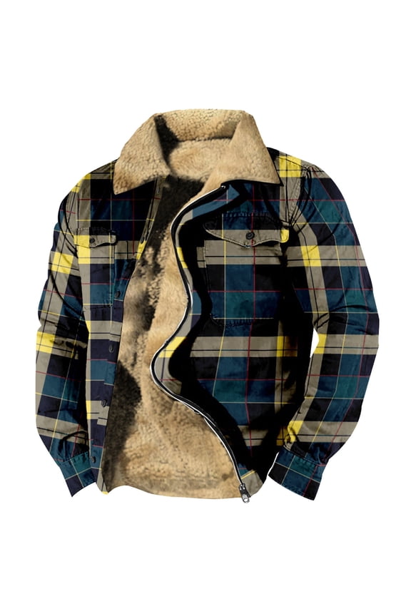 Mens Fleece Lined Sherpa Jacket Western Plaid Flannel Jackets Zip Up Big and Tall Thickened Thermal Heavyweight Coat Dark Blue 2XL