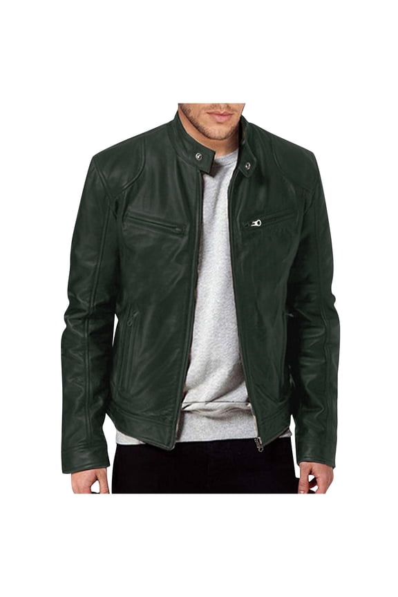 Mens Leather Jacket Real Lambskin Cafe Racer Style Leather Biker Jackets For Men Army Green M