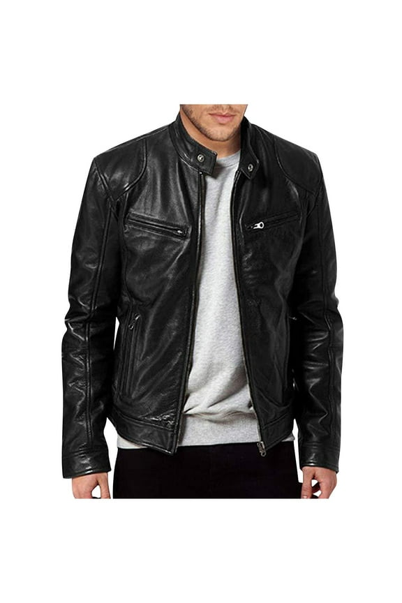 Mens Leather Jacket Real Lambskin Cafe Racer Style Leather Biker Jackets For Men Black 2XL