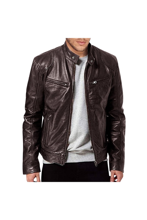 Mens Leather Jacket Real Lambskin Cafe Racer Style Leather Biker Jackets For Men Brown M