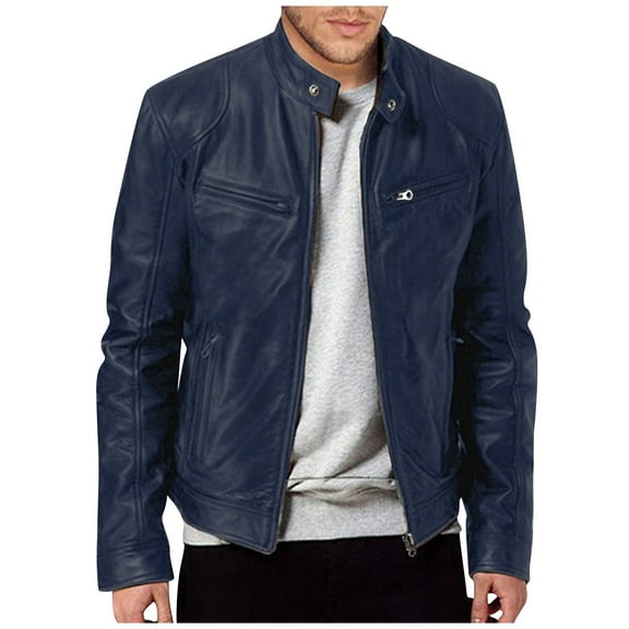 GXIPO Mens Leather Jacket Real Lambskin Cafe Racer Style Leather Biker Jackets For Men Dark Blue M