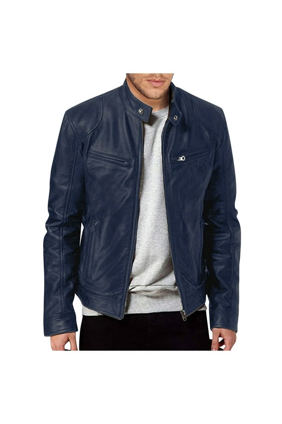 Mens Leather Jacket Real Lambskin Cafe Racer Style Leather Biker Jackets For Men Dark Blue M